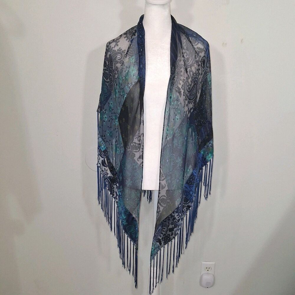 Sheer Satin Fringe Scarf/Wrap Os Patchwork Boho Hippie Festival Fairy Whimsigoth